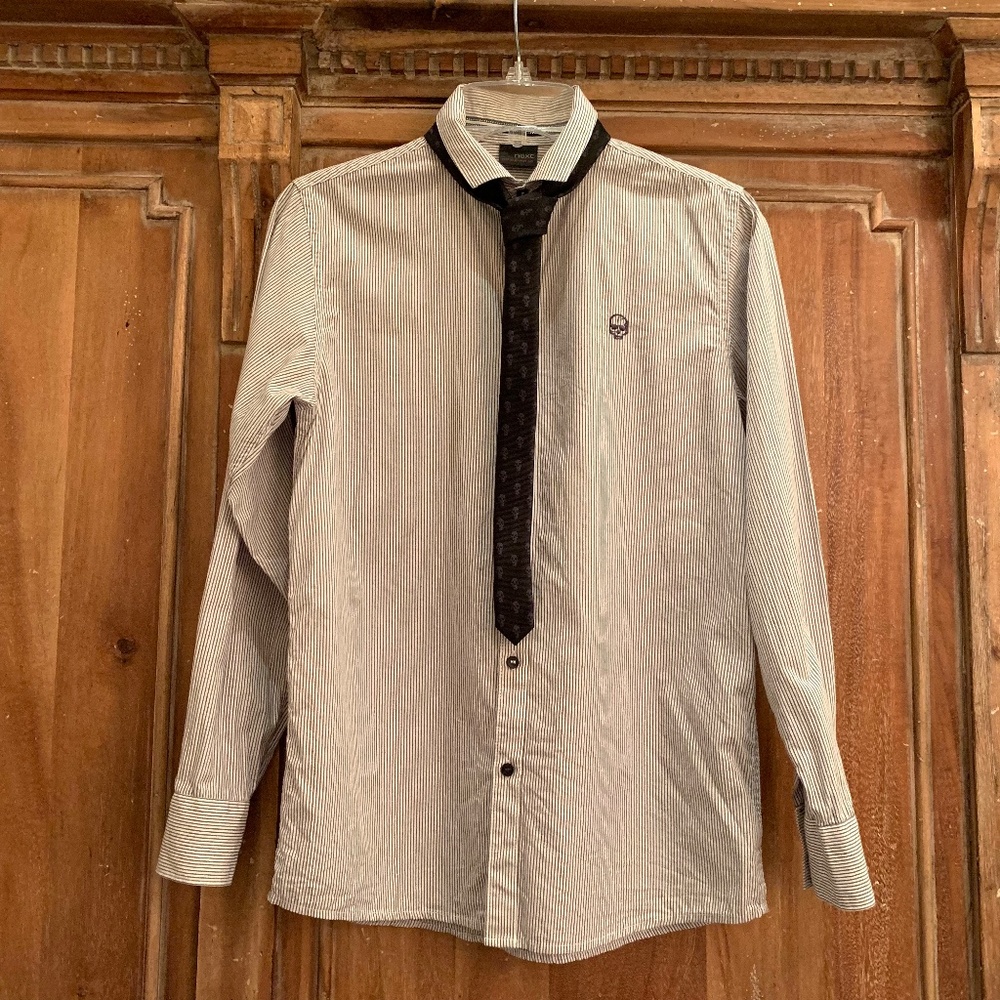 NEXT UK Boys Striped Cotton Button Up Shirt With Tie Size 13 YRS